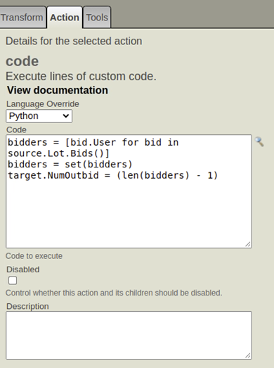 A code activity from a DTL data transformation, with the language set to Python. The contents of the code field say bidders = [bid.User for bid in source.Lot.Bids()]. New line. bidders = set(bidders). New line. target.NumOutbid = (len(bidders) - 1).